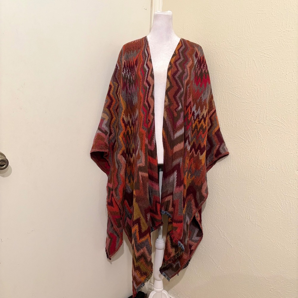 Rustic Extra Long Warm Earth Tones Chevron Zig Zag Poncho Wrap Shawl Boho Hippie
